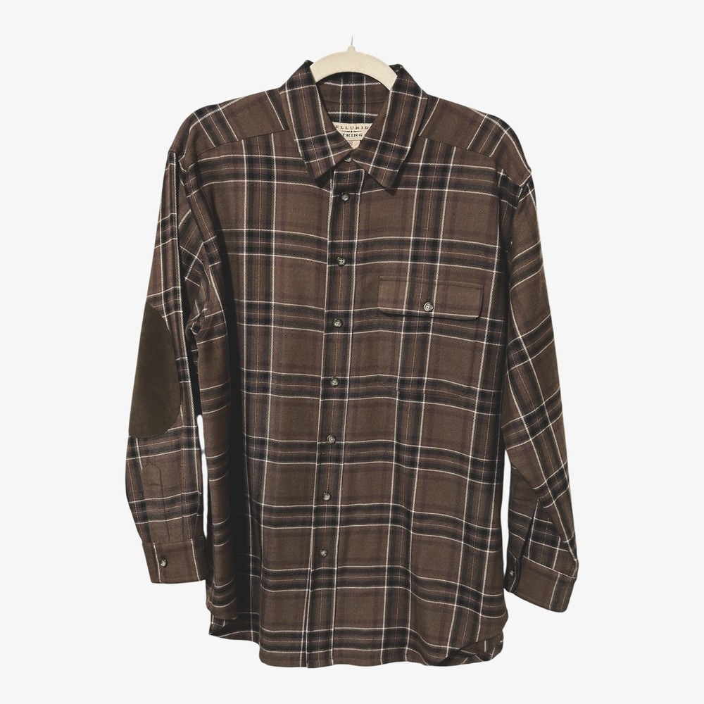 Telluride Clothing Men Wool Trail Shirt M Brown Plaid Button Elbow Patch Western